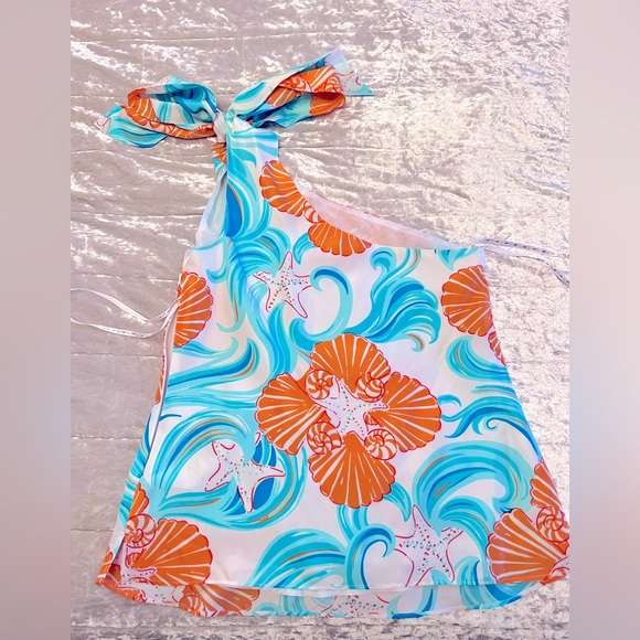 Lilly Pulitzer Do The Wave Orange Blue Seashell Starfish Silk Top - Picture 7 of 7